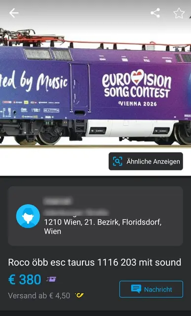 Satte 380 Euro verlangt ein Willhaben-Käufer für eine spezielles Modell der Elektrolokomotive „Eurovision Song Contest 2026“ aus dem ÖBB-Fanshop. | Foto: Screenshot Willhaben