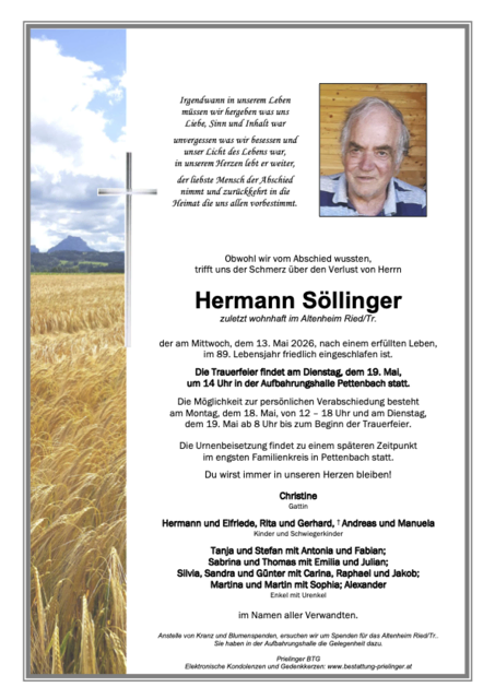 Hermann Söllinger ✝︎ 13.05.2026 | Foto: Bestattung Prielinger