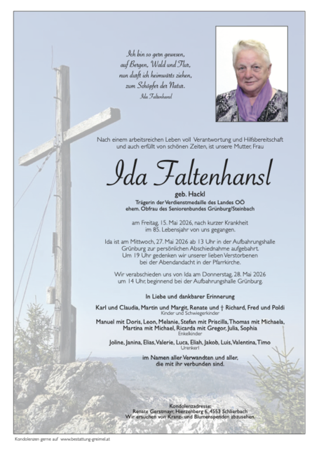     Ida Faltenhansl  15.05.2026 | Foto: Bestattung Greimel