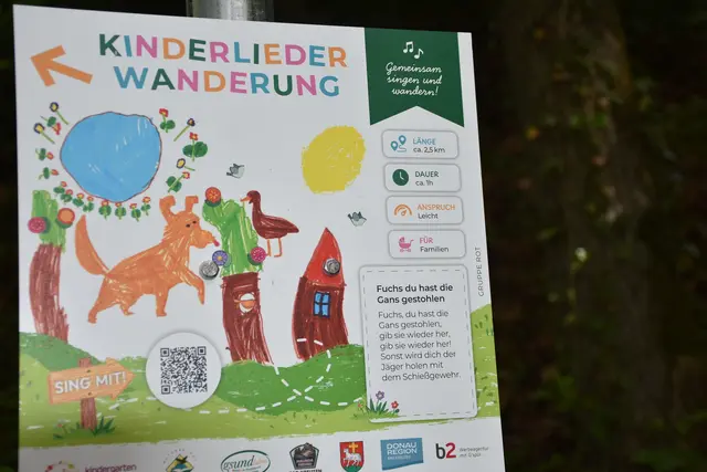 Der Kinderlieder-Wanderweg, eine 2,5 km Runde, wurde im Wanderdorf Bad Kreuzen eröffnet. An zehn Stationen kann man sich Kinderlieder anhören und mitsing. Die Zeichnungen dazu wurden von den Mädchen und Buben des Kindergartens gestaltet.  | Foto: Robert Zinterhof