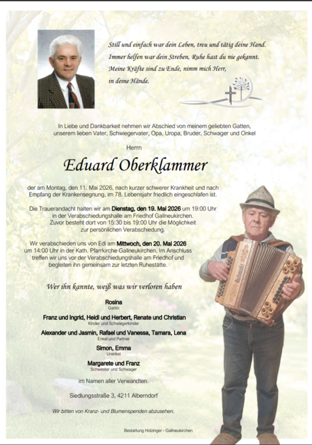 Eduard Oberklammer aus Alberndorf, ✝︎ 77 Jahre | Foto: Bestattung Holzinger