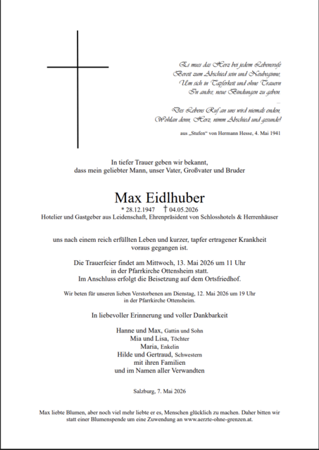 Max Eidlhuber aus Ottensheim, ✝︎ 78 Jahre | Foto: Bestattung Smrekar