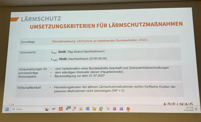 Von der Präsentation: Grenzwerte beim Lärmschutz und Finanzierungskriterien der ASFINAG | Foto: Lauren Fahrenberger / MeinBezirk