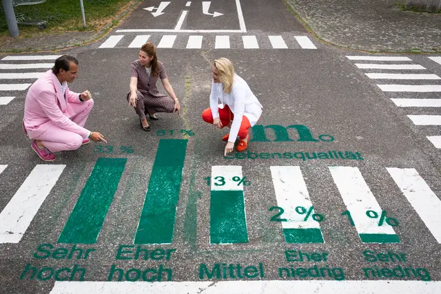Ein Zebrastreifen wird temporär mit Kreidespray zum Balkendiagramm umfunktioniert und damit zum begehbaren Träger zentraler Studienbotschaften.  | Foto: Katharina Axmann