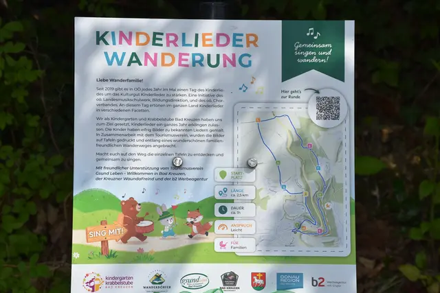 Der Kinderlieder-Wanderweg, eine 2,5 km Runde, wurde im Wanderdorf Bad Kreuzen eröffnet. An zehn Stationen kann man sich Kinderlieder anhören und mitsing. Die Zeichnungen dazu wurden von den Mädchen und Buben des Kindergartens gestaltet.  | Foto: Robert Zinterhof