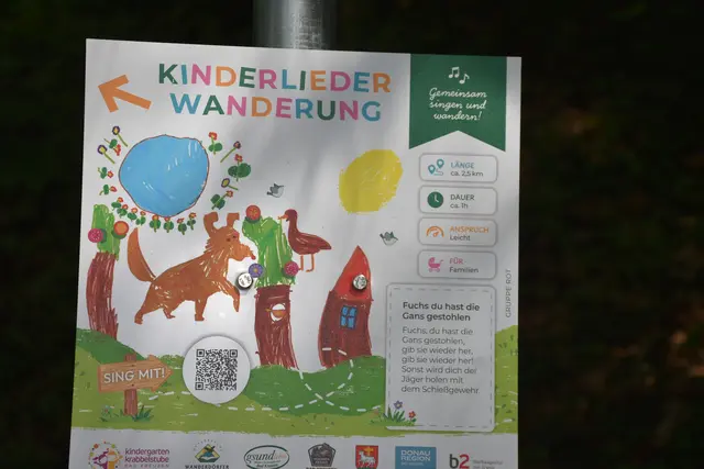 Der Kinderlieder-Wanderweg, eine 2,5 km Runde, wurde im Wanderdorf Bad Kreuzen eröffnet. An zehn Stationen kann man sich Kinderlieder anhören und mitsing. Die Zeichnungen dazu wurden von den Mädchen und Buben des Kindergartens gestaltet.  | Foto: Robert Zinterhof