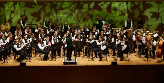 Duzende Musiker musizieren auf der Bühne.