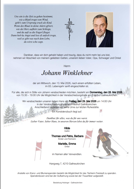 Johann Winklehner aus Gallneukirchen, ✝︎ 82 Jahre | Foto: Bestattung Holzinger