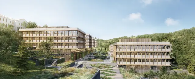 Blick auf den zukünftigen Campus Plaza des ISTA. In zwei weiteren Bauphasen werden insgesamt noch fünf weitere Laborgebäude entstehen. Alle acht Gebäude der drei Bauphasen werden sich entlang des neuen Campus Plaza im nördlichen Teil des Geländes erstrecken. Damit kann das Institut im Jahr 2036 dann rund 150 Forschungsgruppen und über 2000 Mitarbeitenden Platz für Spitzenforschung und deren Unterstützung bieten. | Foto: ATP | ISTA 