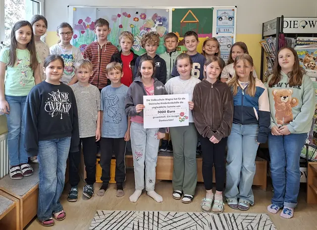 Die Volksschule Wagna startete Mitte Mai 2026 eine Sammelaktion für die Steirische Kinderkrebshilfe. Dank der großen Beteiligung konnte innerhalb kürzester Zeit eine Spende von 3000 Euro gesammelt werden. | Foto: VS