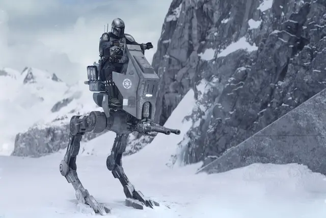 Mando kapert einen AT-RT Läufer. | Foto: © 2026 Lucasfilm Ltd™. All Rights Reserved.