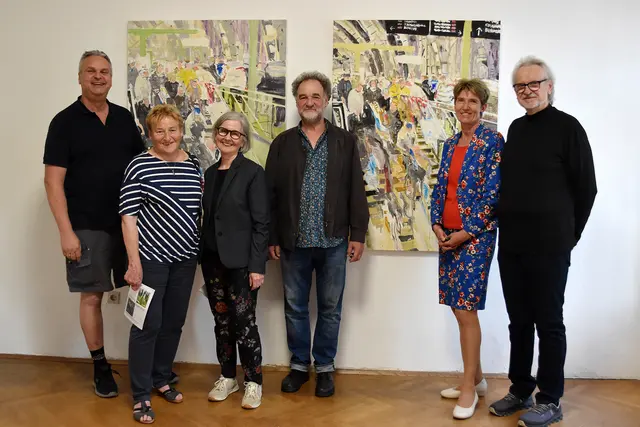 Bürgermeister Ulrich Achleitner, Kulturstadträtin Maria Pasqualli, Eröffnungsrednerin Herta Pümpel, Künstler Martin Kaltner, Nationalrätin Martina Diesner-Wais und der Leiter der Kunstfabrik Günther Gross (v.l.) | Foto: Galerien Thayaland