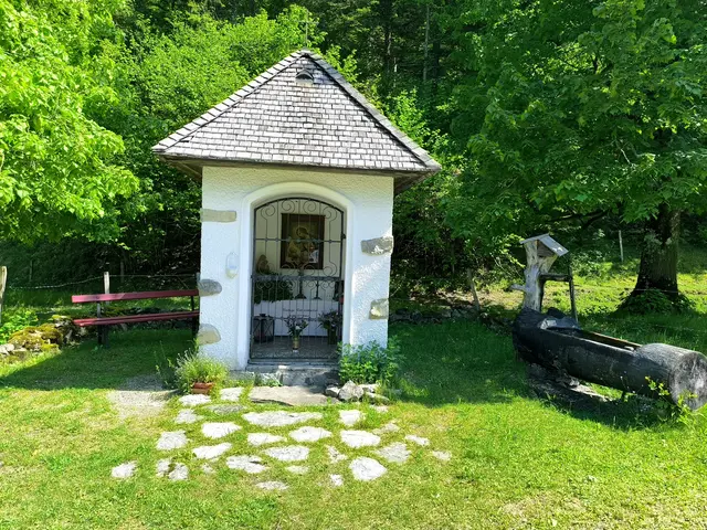 Die kleine Sandbauerkapelle in der Breitenau bei Molln liegt eingebettet zwischen blühenden Wiesen, Margariten und sanften Hügeln am Rand des Nationalpark Kalkalpen. Die ruhige Frühlingslandschaft mit sattem Grün, Farne und vereinzelten Sonnenstrahlen vermittelt eine friedliche und idyllische Stimmung.