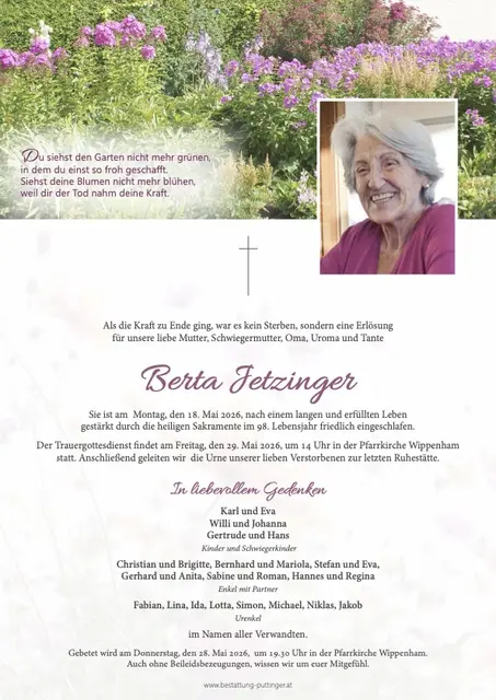 Berta Jetzinger, Wippenham, verstorben am 18. Mai, im 98. Lebensjahr.