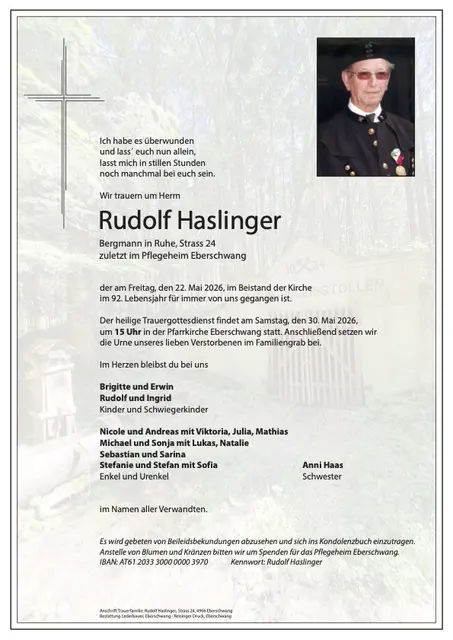 Rudolf Haslinger, Eberschwang, verstorben am 22. Mai 2026, im 92. Lebensjahr.