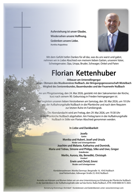 Florian Kettenhuber ✝︎ 24.05.2026 | Foto: Bestattung Krennmayr