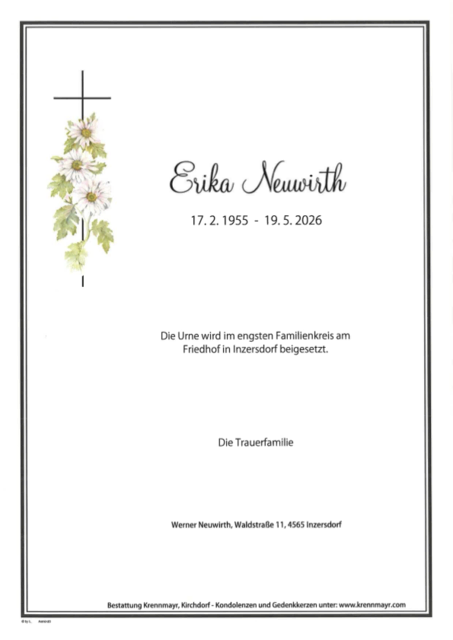 Erika Neuwirth ✝︎ 19.05.2026 | Foto: Bestattung Krennmayr