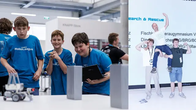 Rechts: Das Siegerteam aus dem BG/BRG Perau mit Lehrer Stefan Otti. Beim Klassiker des Robotik-Wettbewerbs "Find the Bricks" mussten die Roboter autonom zwei in der Arena aufgestellten Ziegelsteine finden.
 | Foto: KNAPP/Luef