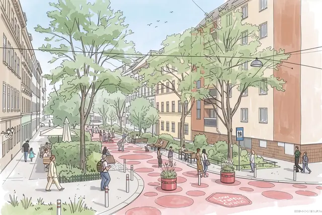 So soll das "Low Traffic Grätzl" in der Wolfganggasse in Meidling aussehen. | Foto: ZOOMVP/Stadt Wien (Rendering)