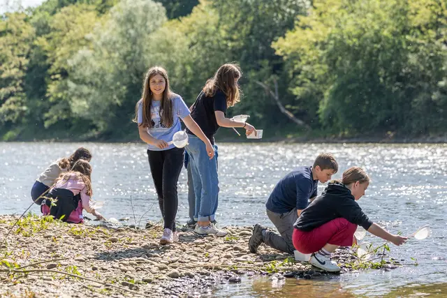 Einige Jugendliche durchsieben das Flusswasser direkt am Flussufer der Mur.