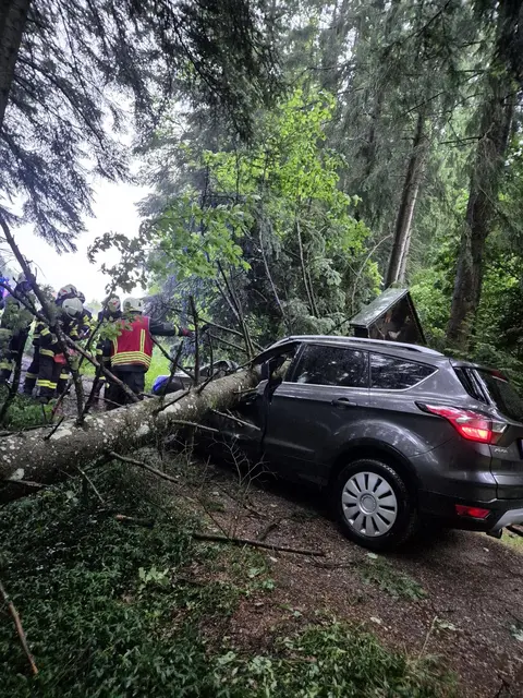 In Waldkirchen am Wesen hatte ein Ehepaar beim Einräumen nach einer Maiandacht Glück, dass es nicht im Wagen saß, als ein Baum auf ihr Auto stürzte.  | Foto: FF Aichberg