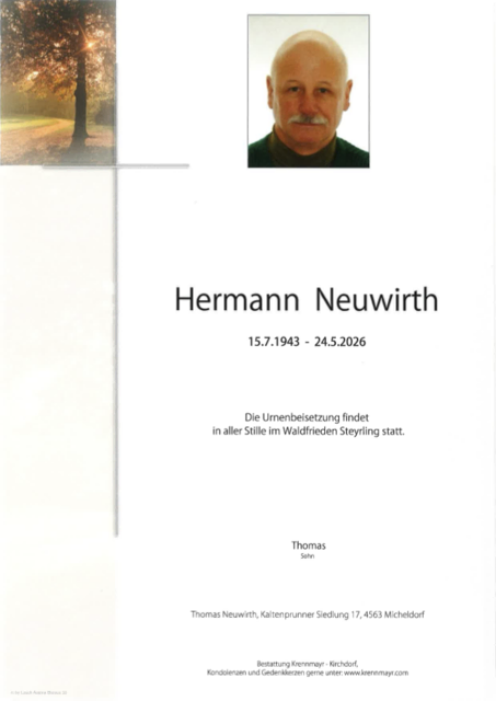 Hermann Neuwirth ✝︎ 24.05.2026 | Foto: Bestattung Krennmayr