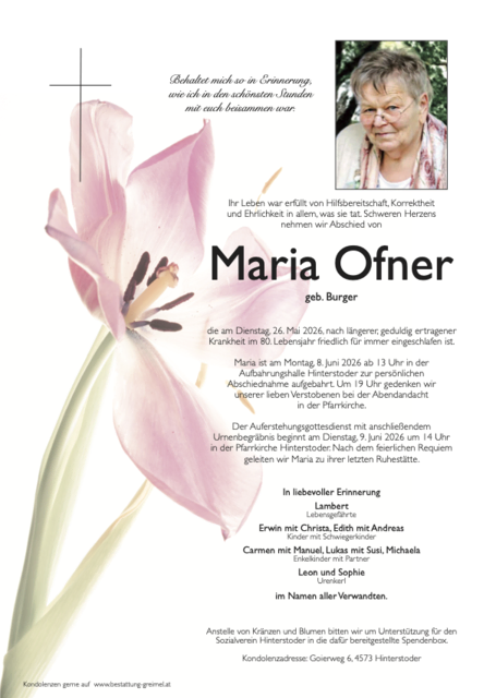 Maria Ofner ✝︎ 26.05.2026 | Foto: Bestattung Greimel