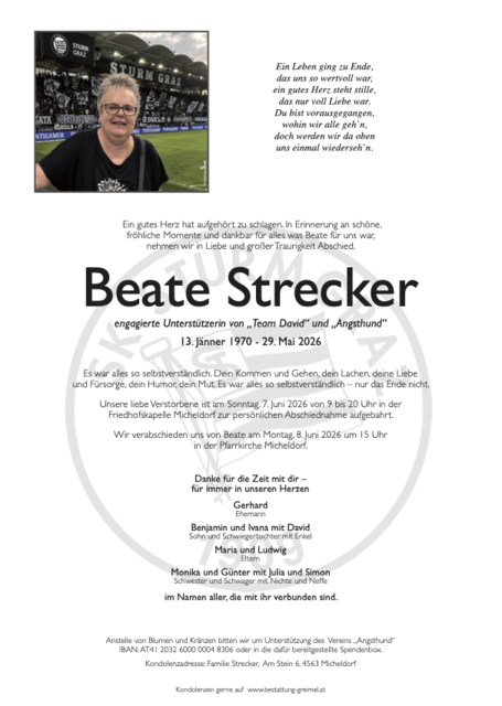 Beate Strecker ✝︎ 29.05.2026 | Foto: Bestattung Greimel