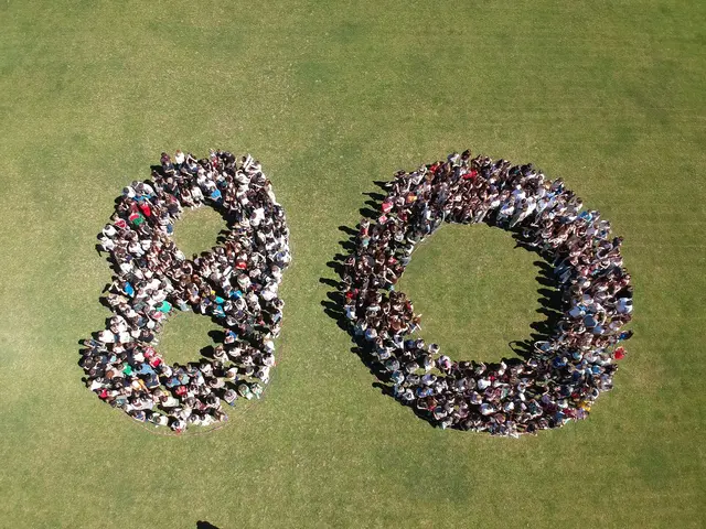 700 Schüler und Lehrer bildeten zum Abschluss des finalen, internen Geburtstagsfestes einen riesigen 80er auf dem Sportplatz. | Foto: Lessky