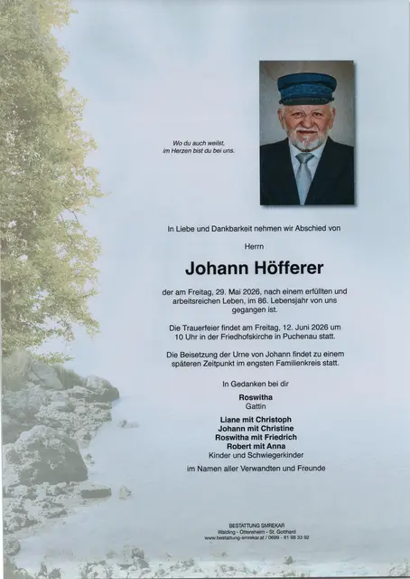 Johann Höfferer aus Puchenau, ✝︎ 85 Jahre | Foto: Bestattung Smrekar