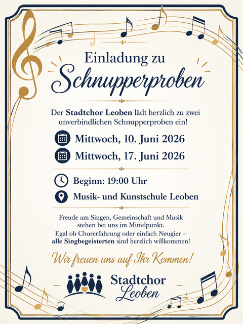 Am 10. und 17. Juni finden um 19:00 Uhr Schnupperproben in der Musik- und Kunstschule Leoben statt. | Foto: Stadtchor Leoben