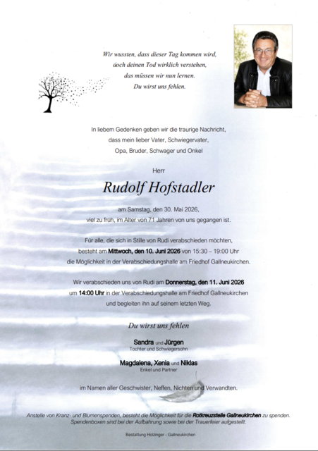 Rudolf Hofstadler aus Gallneukirchen, ✝︎ 71 Jahre | Foto: Bestattung Holzinger