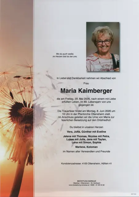 Maria Kaimberger aus Ottensheim, ✝︎ 88 Jahre | Foto: Bestattung Smrekar