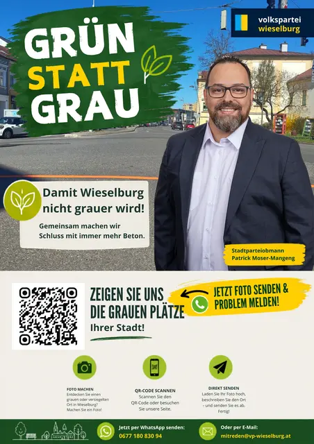 Stadtparteiobmann Patrick Moser-Mangeng setzt sich mit der Kampagne „Grün statt Grau“ für intelligenten Klimaschutz mit Hausverstand ein.