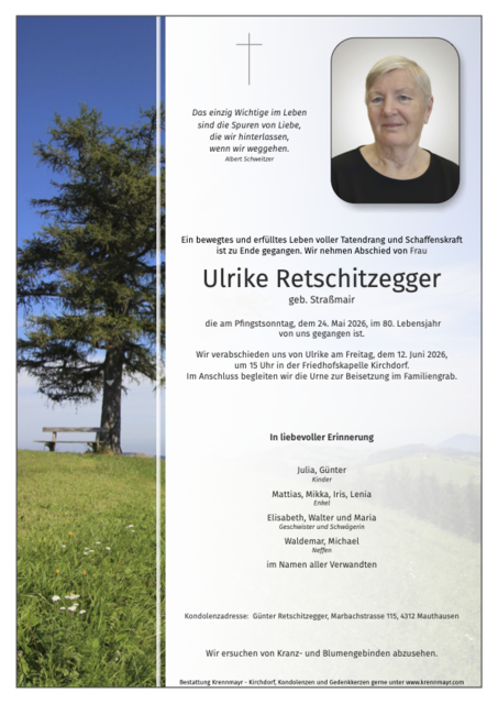 Ulrike Retschitzegger ✝︎ 24.05.2026 | Foto: Bestattung Krennmayr