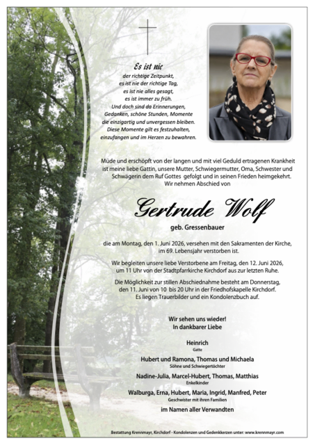 Gertrude Wolf ✝︎ 01.06.2027 | Foto: Bestattung Krennmayr
