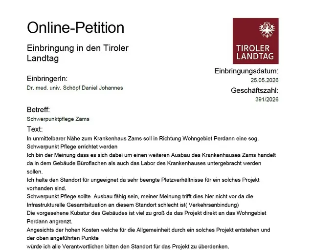 Online-Petition Einbringung im Tiroler Landtag zu Schwerpunk
