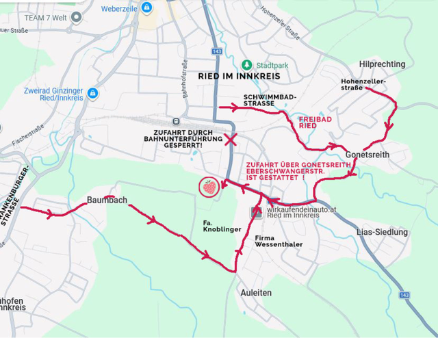Die drei Zufahrtsrouten über die Schwimmbad- und Hohenzellerstraße sowie über das Ortsgebiet von Neuhofen.