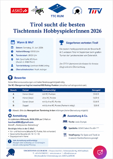 Tirol sucht die besten TischtennisspielerInnen 2026
