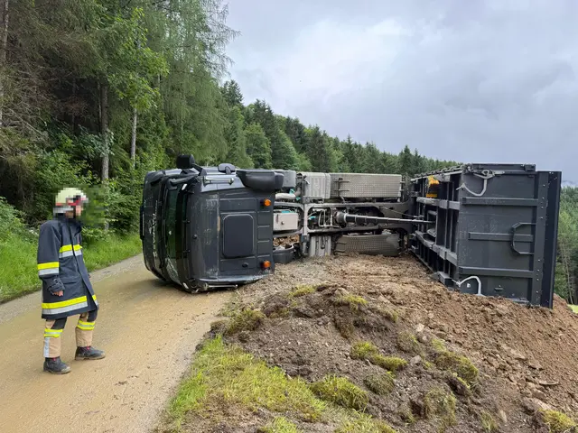 Muldenkipper kippt um: Feuerwehr befreit eingeschl