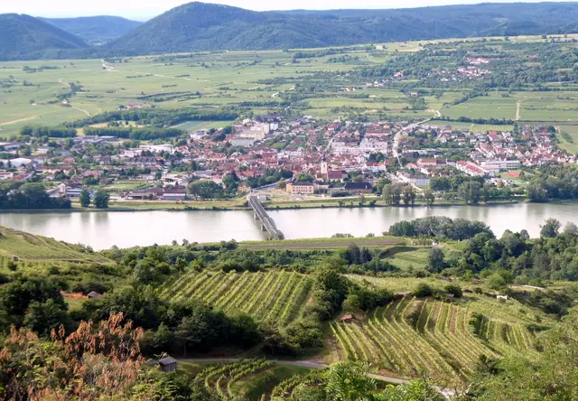Schöner Tiefblick zur Donau, dahinter Mautern