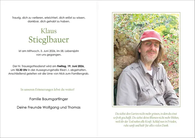 Klaus Stieglbauer, Ried, verstorben am 3. Juni, im 58. Lebensjahr.
  | Foto:  Wolfgang Stecher