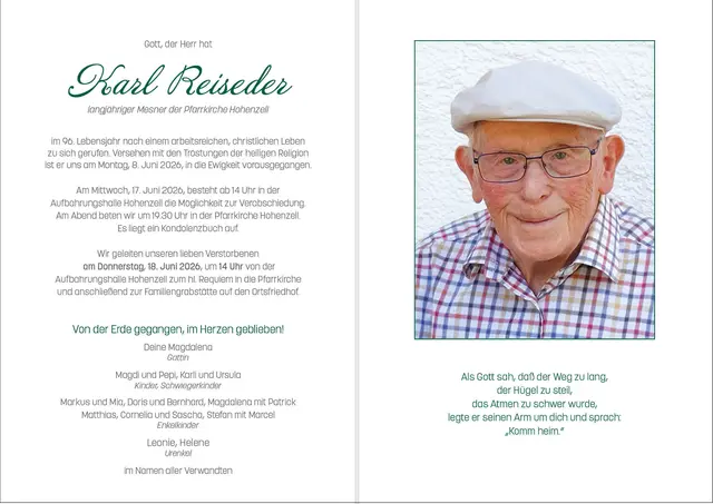 Karl Reiseder, Hohenzell, verstorben am 8. Juni 2026, im 96. Lebensjahr.
 
  | Foto: Karl Reiseder jun.