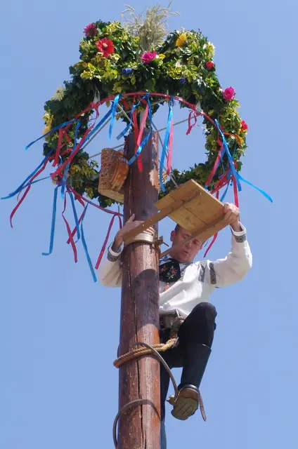 Das Kronenfest beginnt mit der traditionellen Baumbesteigung samt Kronenpredigt und Volkstanz um den Kronenbaum. | Foto: Siebenbürger Nachbarschaft Wels