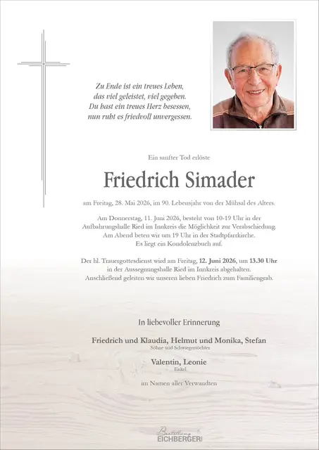 Friedrich Simader, Ried, verstorben am 28. Mai, im 90. Lebensjahr. | Foto: Monika Simader