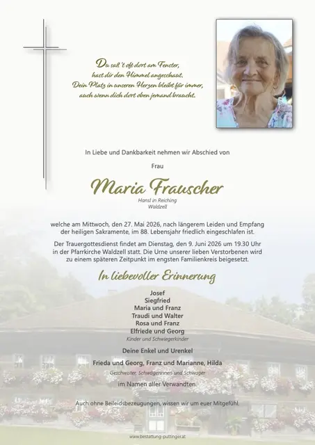 Maria Frauscher, Waldzell, verstorben am 27. Mai, im 88. Lebensjahr.