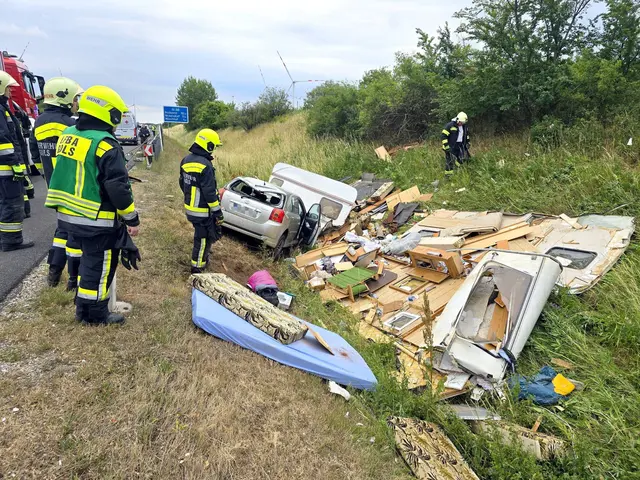 Von dem Wohnwagengespann blieb nicht viel übrig.  | Foto: FF Neusiedl am See