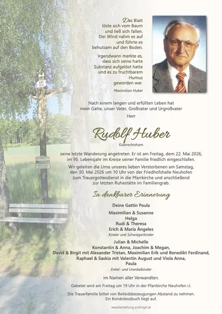 Rudolf Huber, Neuhofen, verstorben am 22. Mai, im. 95. Lebensjahr.