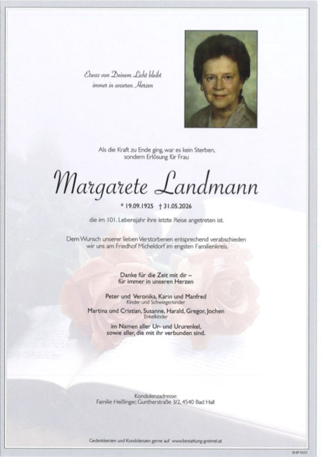 Margarete Landmann ✝︎ 31.05.2026 | Foto: Bestattung Greimel