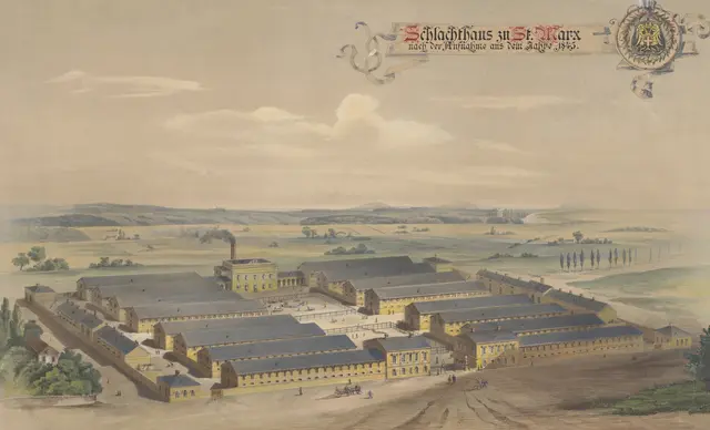 Das Schlachthaus zu St. Marx im Jahr 1845. | Foto: Unbekannt, Schlachthaus zu St. Marx nach der Aufnahme aus dem Jahre 1845, 1850–1900 (Herstellung), Wien Museum Inv.-Nr. 48613, CC BY 4.0, Foto: TimTom, Wien